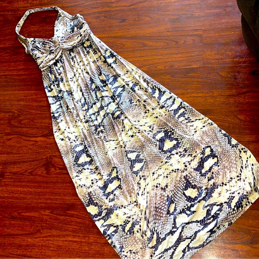 Linda Segal by Navici snack patterned maxi dress with brown patterned neckline